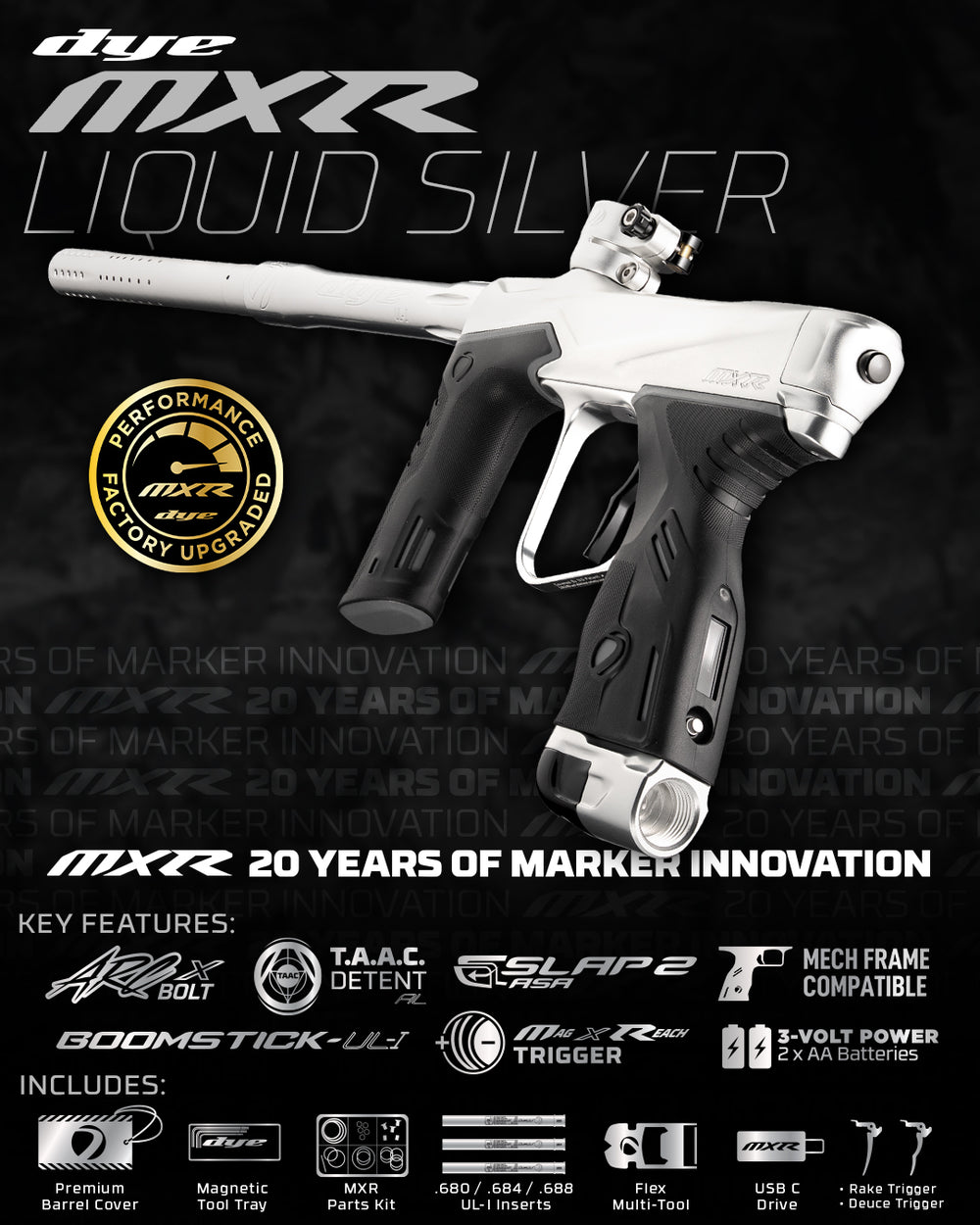 DYE MXR Paintball Marker - Liquid Silver